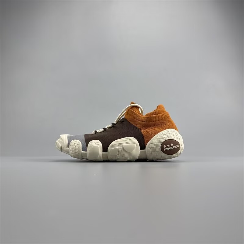 Men's breathable knit low-cut sneakers in brown and orange colorway, non-slip casual walking shoes with sock-style design, lightweight comfortable men's daily wear athletic shoes