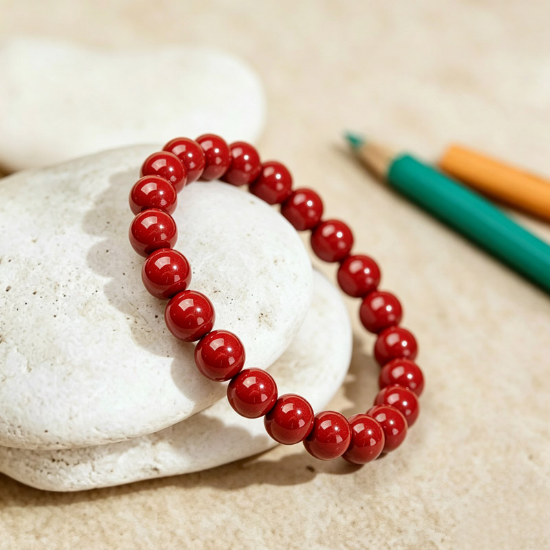 cinnabar bracelet angle 01 handmade cinnabar crystal bracelet from top view for anxiety relief