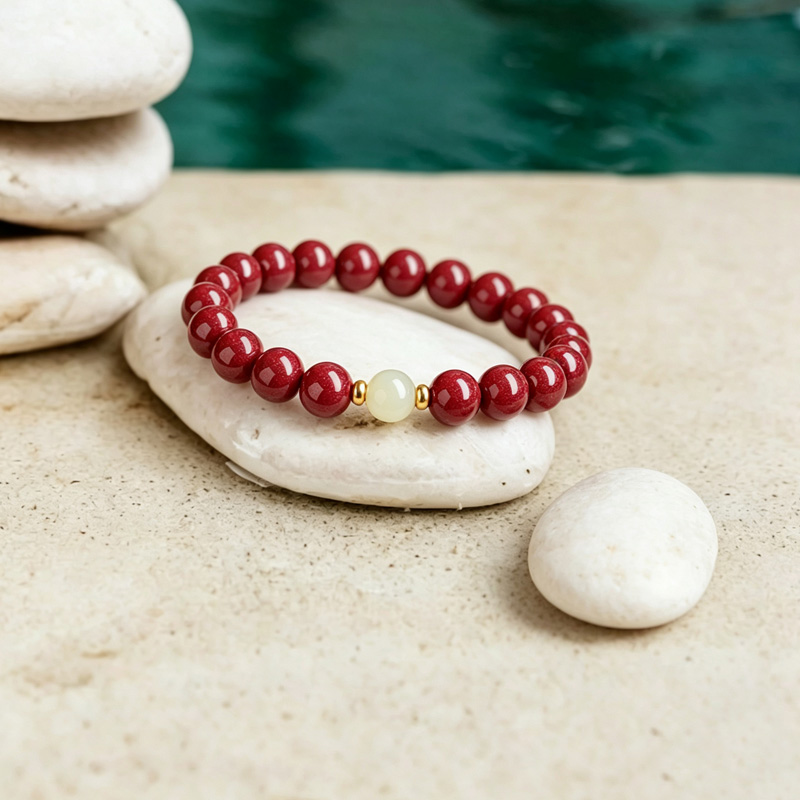 cinnabar bracelet layflat 03 red cinnabar bead bracelet laid flat for emotional balance