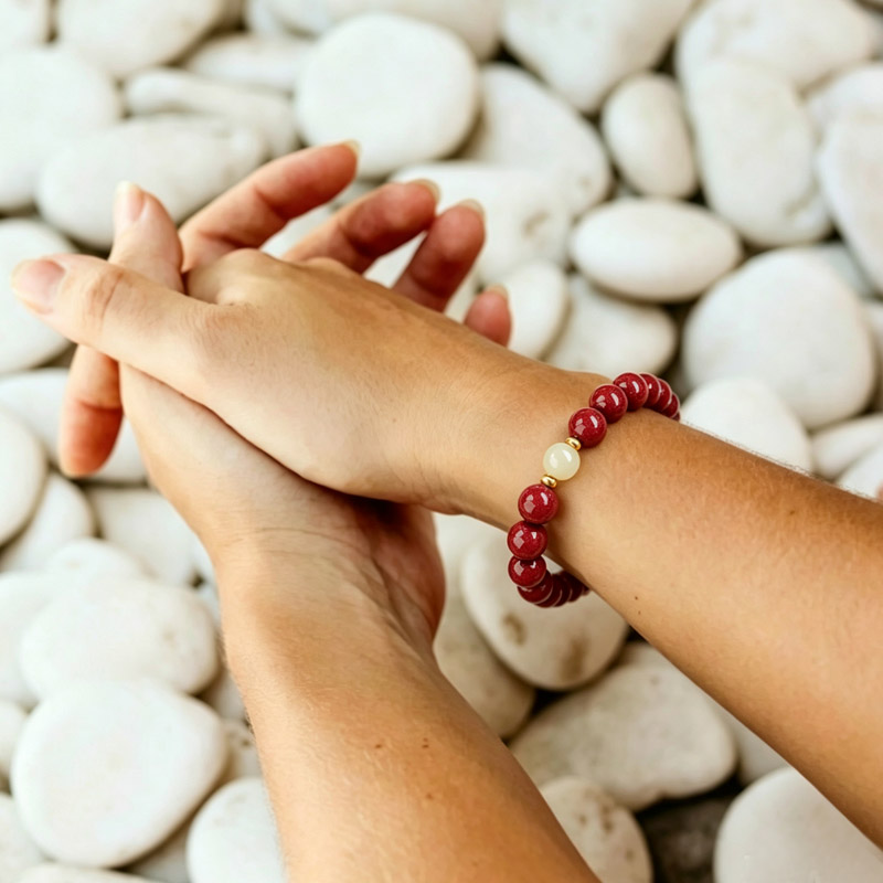 cinnabar bracelet wrist 03 wearing red cinnabar bracelet on wrist for protection and calm